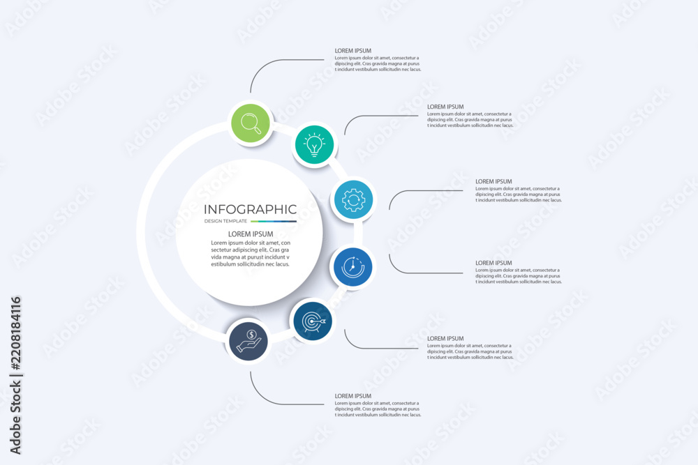 Obraz premium Business infographic template. Circle creative element design with marketing icons. Vector illustration 6 Step.