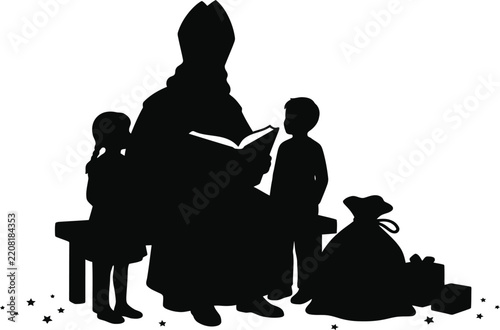 Saint Nicholas reading a book to children black silhouette vector graphic for traditional holiday designs