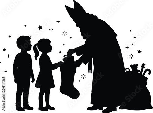 Saint Nicholas filling Christmas stocking for children black silhouette vector graphic for winter holidays