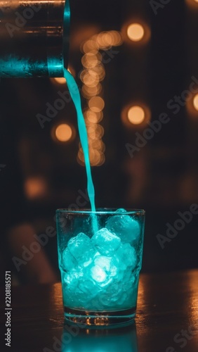 Vibrant blue cocktail being poured from a shaker into a glass filled with ice cubes in a moody bar setting with glowing bokeh lights