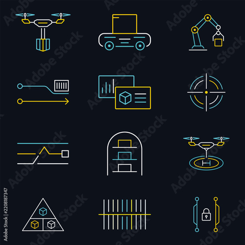 Autonomous Drone Freight And Automated Warehousing Robotics Telemetry Line Vector Icon Set
