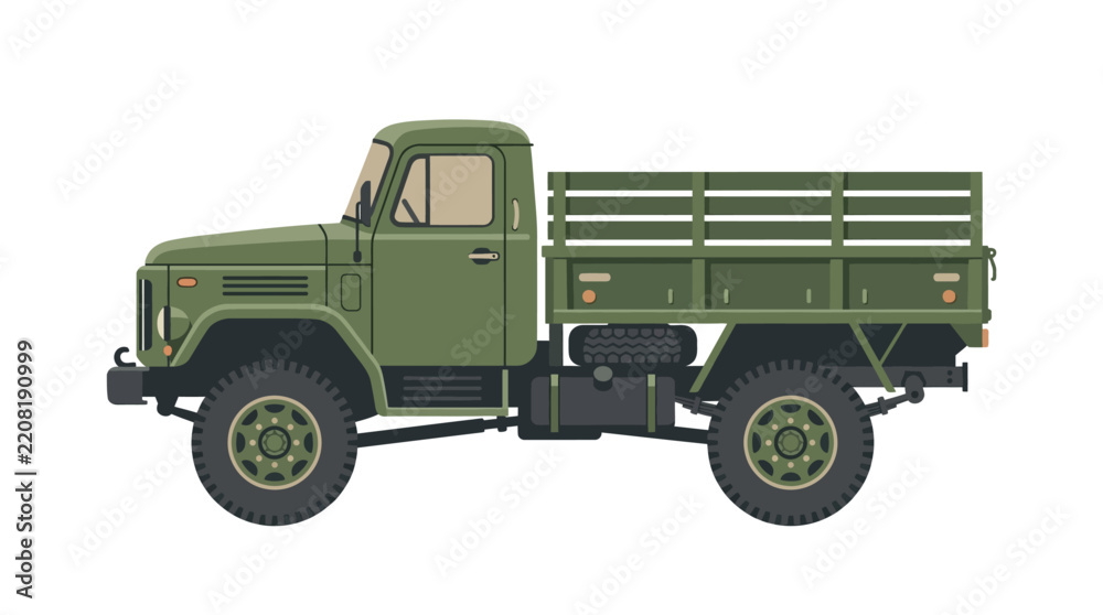 Obraz premium Green military cargo truck isolated on white background