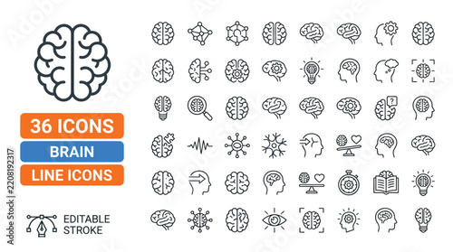Brain vector icon set featuring minimalist outline graphics for medical mental health and education design projects