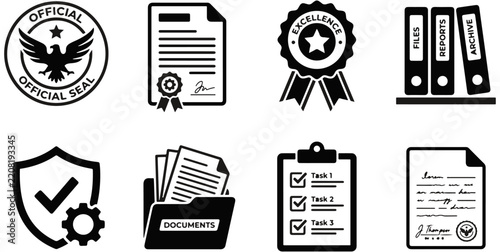 Set of administrative document and business management icons with administrative documents business official checklist management bureaucracy notarized paperwork