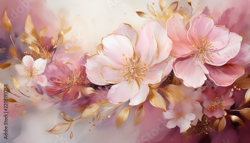 impressionistic floral artwork with delicate pink and white hues accented with subtle gold touches for a dreamy elegant backdrop