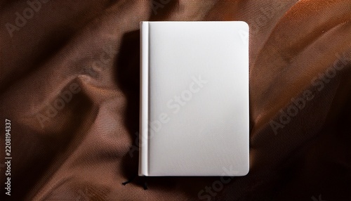 minimalist white journal on soft brown fabric with textured backdrop