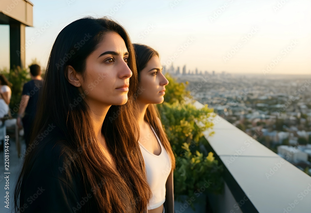 Fototapeta premium Future planning and urban lifestyle, two young women looking at city skyline from rooftop terrace during sunset with thoughtful expressions and ambition