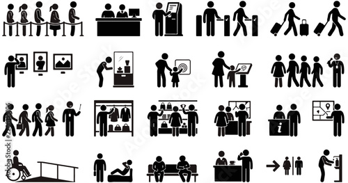 Collection of airport travel and airline passenger service icons with boarding pass passenger boarding terminal traveler departure transport aviation collection