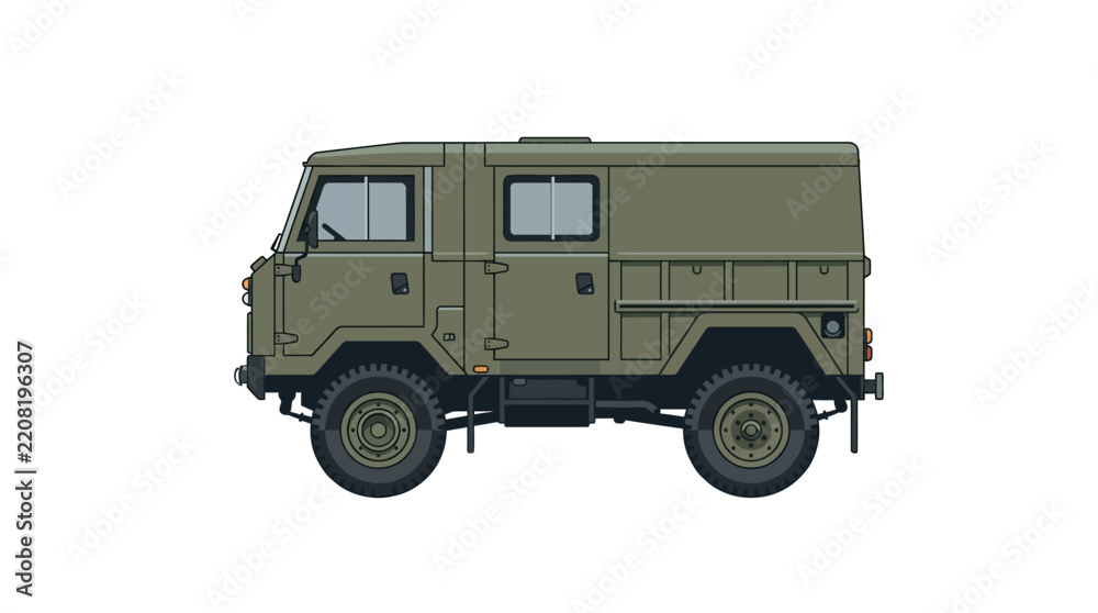 Obraz premium Illustration of a green military transport vehicle in profile.