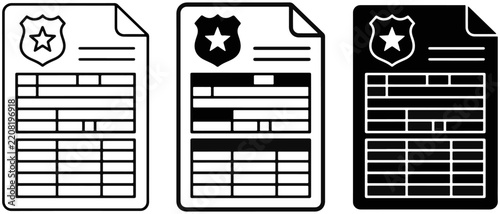 Police report document icon set with star badge emblem and official form template in outline and solid vector style law enforcement case file crime report legal form