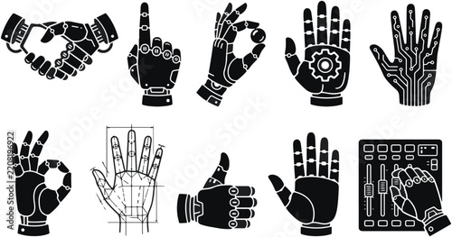 Set of robotic and cyborg hand gestures including handshake pointing thumbs up and ok sign icons in black vector style with artificial intelligence robot arm thumbs