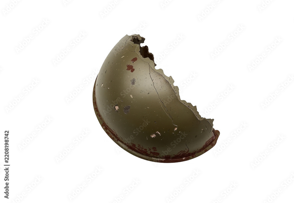 Obraz premium Broken military helmet showing war damage and destruction