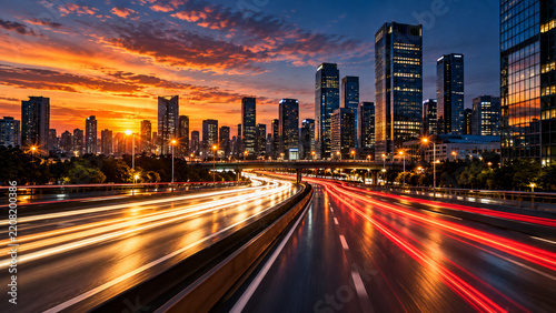 Urban Highway Light Trails Through Modern City at Sunset