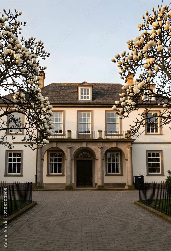 Obraz premium Luxury real estate and spring season, historic manor house with blooming magnolia trees and stone architecture in a peaceful garden setting at sunset