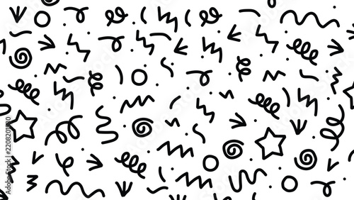 Black and White Memphis Hand Drawn Doodle Shapes and Spiral Lines Seamless Pattern Vector Background for Abstract Packaging and Textile Design