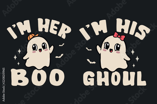 Cute halloween ghost couple t-shirt design. I am her boo, I am his ghoul