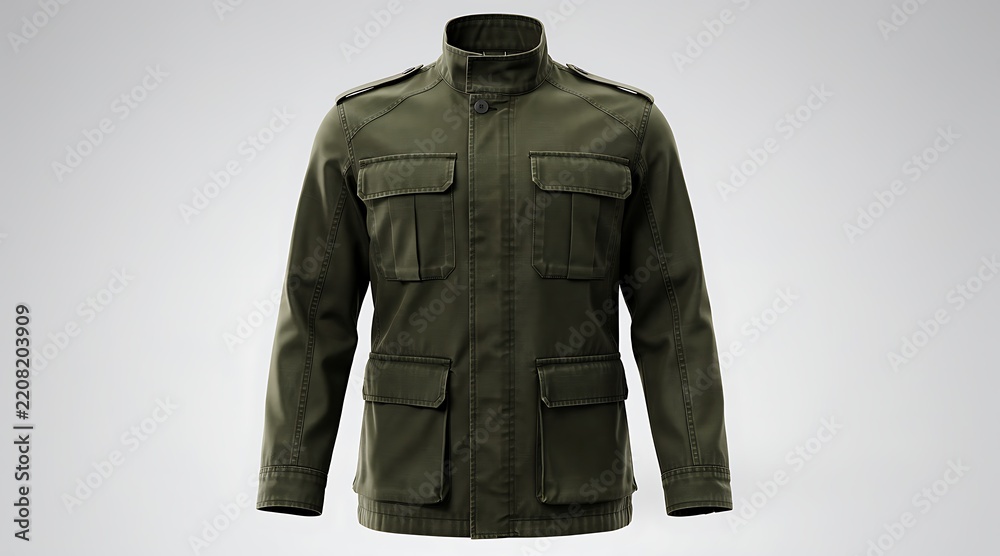 Fototapeta premium Olive Green Military Field Jacket for Men Featuring Four Large Cargo Pockets and Shoulder Epaulets, Rugged Tactical Utility Outerwear Isolated on Neutral Background for Fashion Design