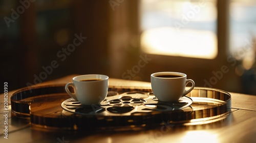 Coffee cups on a film reel in warm sunlight