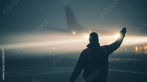 airport ground crew signaling an aircraft in foggy conditions
