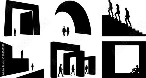 Human figures navigating various architectural spaces and structures vector illustration
