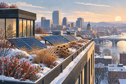 A municipal green roof with winter vegetation and solar panels