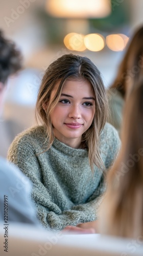 Young woman smiles gently in cozy, warm-lit setting