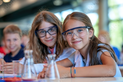 Two girls wear protective goggles, smiling warmly