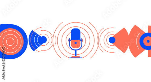 Abstract podcast microphone with blue and orange geometric sound waves on white background