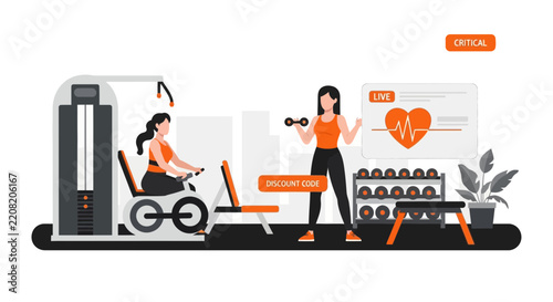 Online Fitness Live Stream and Gym Workout Vector Illustration with Women Training