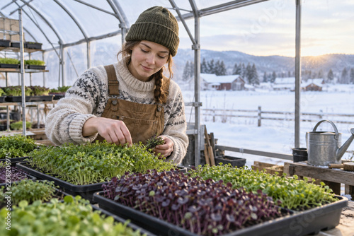 Young farmer tending microgreens in a greenhouse surrounded by snowy