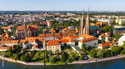 Panoramic aerial view of Cathedral Island Ostrow Tumski at Odra River with Saint John Baptist Cathedral and historic old town district of Wroclaw in Poland