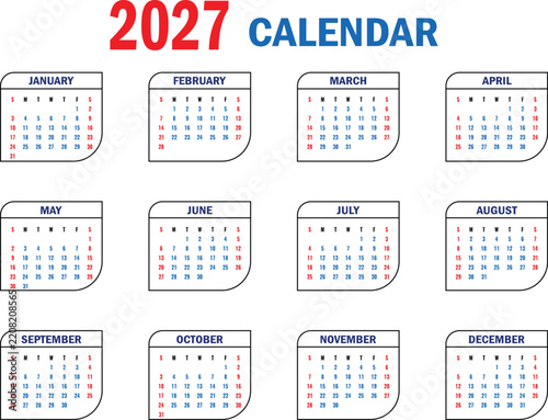 2027 Calendar Template with Monthly Grid and Colorful Blue Red Dates