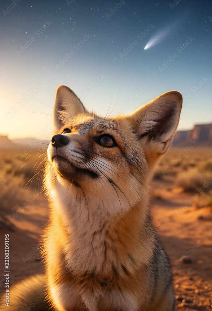 Obraz premium Wonder and discovery concept, curious fox looking at a comet in the night sky over a desert landscape, wildlife exploration and nature inspiration