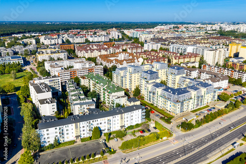 Panoramic aerial view of Ursynow residential district with Kabaty quarter developments in Warsaw in Poland