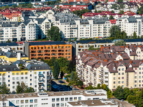 Panoramic aerial view of Ursynow residential district with Kabaty quarter developments in Warsaw in Poland