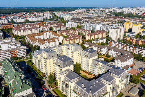 Panoramic aerial view of Ursynow residential district with Kabaty quarter developments in Warsaw in Poland