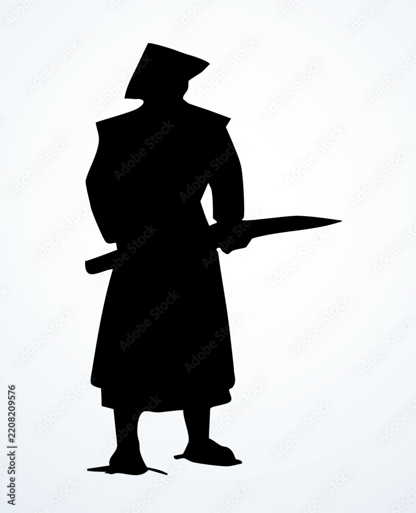 Obraz premium Vector drawing. The warrior is dressed in traditional Asian clothing