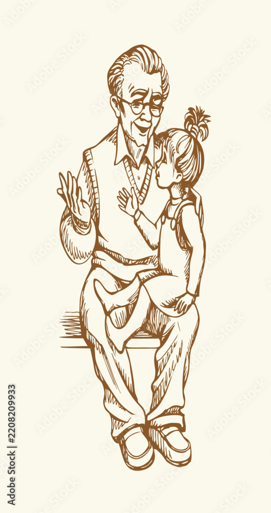 Obraz premium Vector drawing. Grandfather with his granddaughter