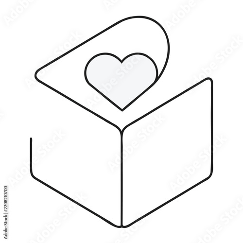 Heart inside open box outline icon representing donation and gift giving for charity projects.