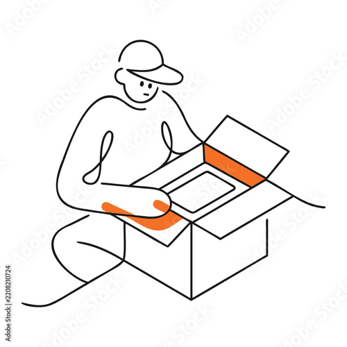 Minimalist black line art person unpacking a box with orange accents for unboxing experience.