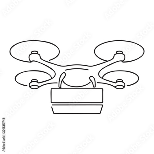 Drone delivery with box line art drawing for technology and logistics, black and white outline.