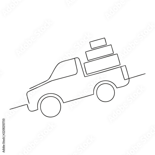 Pickup truck line art with stacked boxes for moving or delivery, black and white minimal drawing.