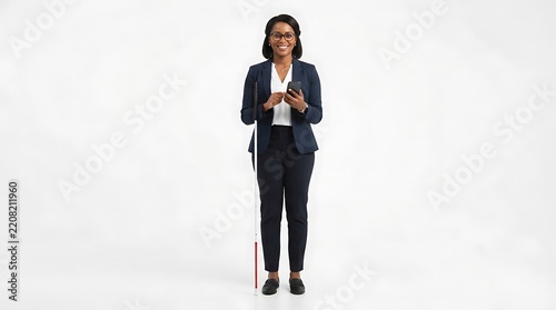 Professional blind woman standing with a white cane and using a smartphone on white background