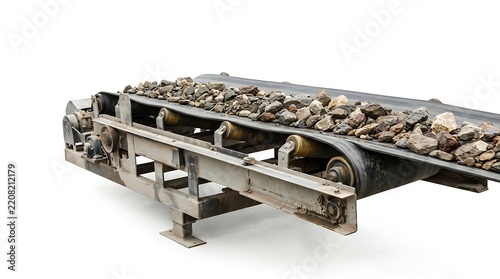 Industrial conveyor belt system transporting raw stones against a clean white background