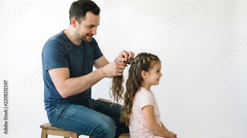 A caring father gently braiding his young daughter's long hair in a bright studio setting