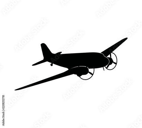 Black silhouette vintage airplane vector graphic isolated on transparent background for aviation.