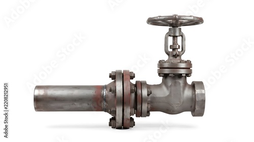 Industrial steel gate valve with flanged pipe connection isolated on a white background