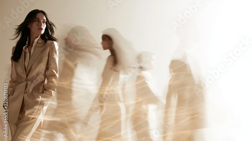 Luxury Christmas and New Year Womenswear Campaign with Elegant Woman in Champagne Gold Jacket and Ivory Silk Blouse, Long Exposure Motion Blurred Pedestrians
