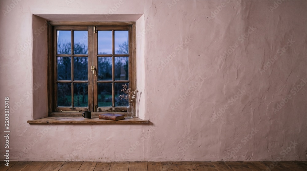 Obraz premium Blue hour morning window shadow on dusty rose plaster wall background