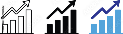 Business growth bar chart and rising arrow vector line art icons illustration set